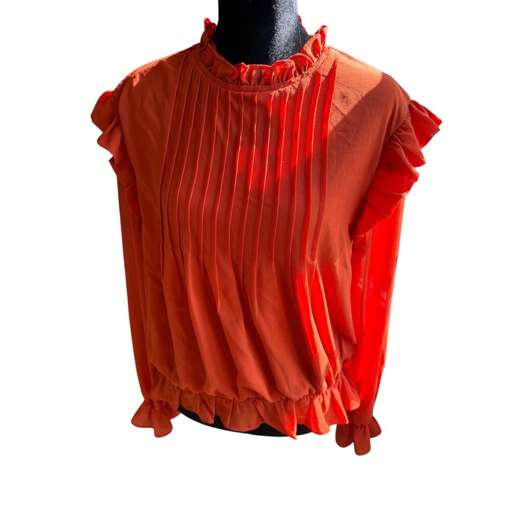 She + Sky Burnt Orange Pleated Ruffle Mock Neck Blouse Long Sleeve Women’s L